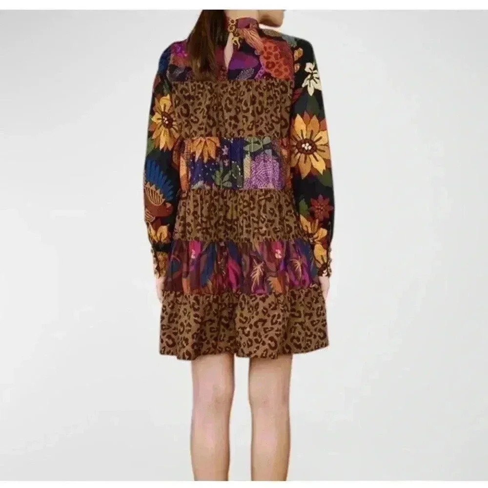 FARM Rio Rio Tiered Mini Dress Long Sleeve Small S Mixed Print Leopard Floral - Picture 2 of 8